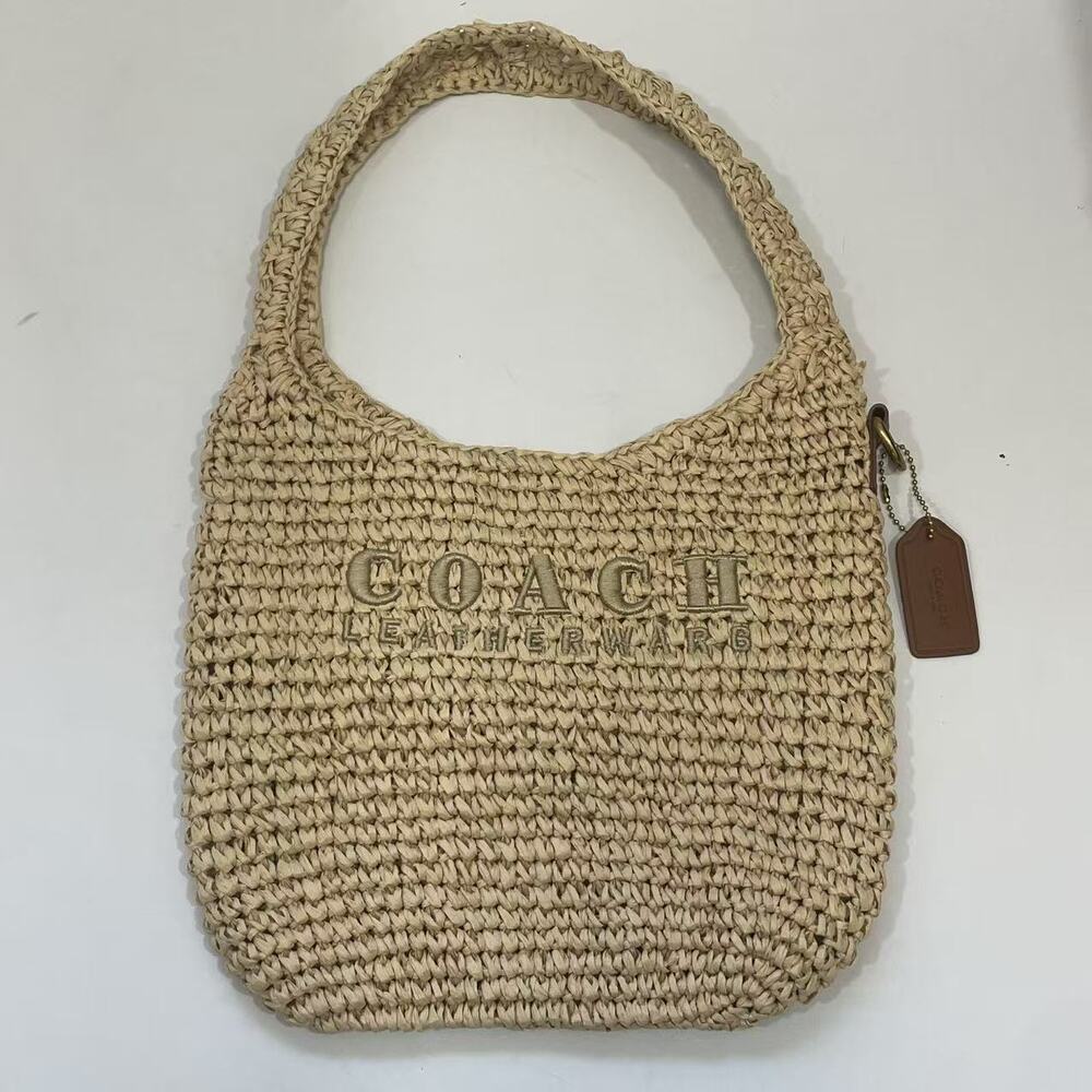 Coach Leatherware Embroidered Raffia Straw Hobo Shoulder Handbag